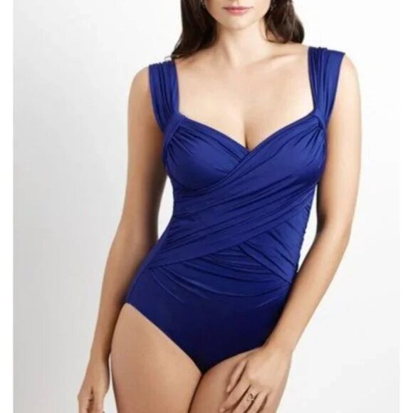 Badgley Mischka Blue One Piece Shirred Maillot Swimsuit Bathing Suit Womens 6 - Picture 1 of 5